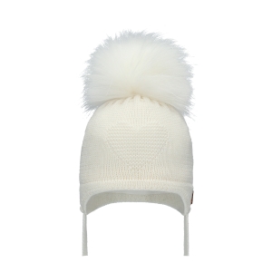 Barbaras Czapka Wiązana wz02 WŁOCHATY Pompon Ecru 40-42