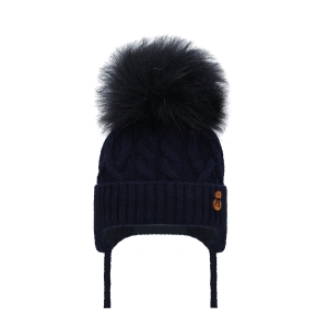 Barbaras Czapka Wiązana az20 WŁOCHATY Pompon Granatowa 40-42