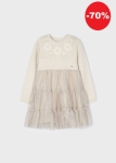 Mayoral Sukienka Dzianina Tiul Kwiaty 4912 Kremowa-rozm 104