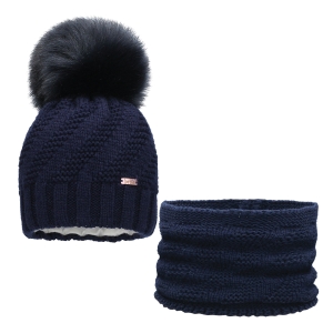 Komplet Czapka Komin Granatowa WŁOCHATY Pompon  Barbaras AZ42 48-50