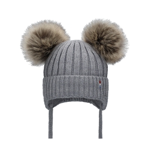 Barbaras Czapka Wiązana wz23 2 WŁOCHATE Pompony Szara 36-38 