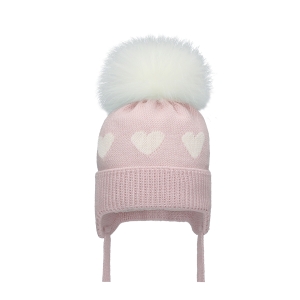 Barbaras Czapka Wiązana wz36 WŁOCHATY Pompon Różowa 40-42